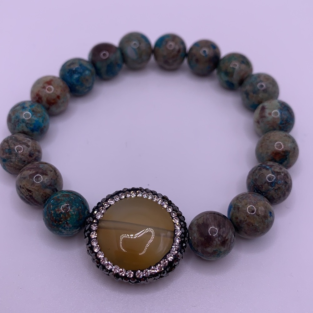 Jasper Bead Stretch Bracelet with Amber Colored stone and Crystals NEW - Picture 2 of 4